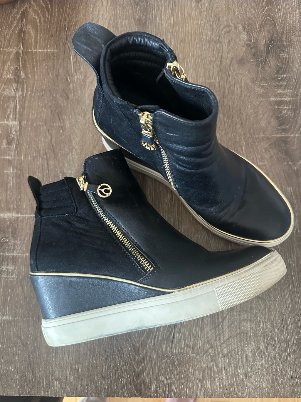 Women's Black Wedge Sneaker Boot With Gold Trim